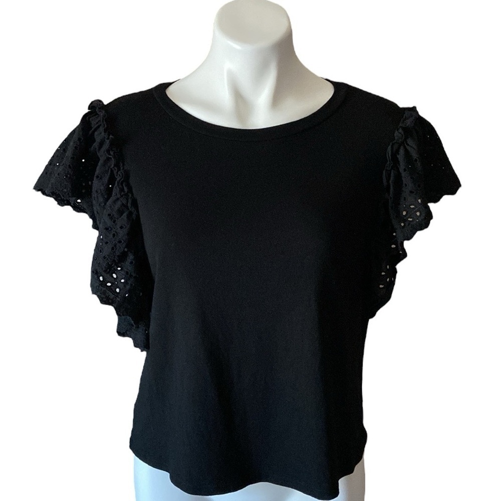 Allison New York Stretchy Black Tee Top with Eyelet Flutter Sleeves Size Medium